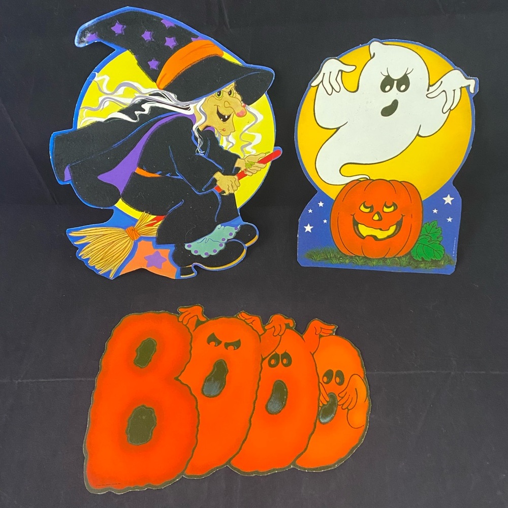 Vintage 1980s Halloween Die Cuts Flocked Witch Ghost Jack o Lantern Boo Lot Of 3